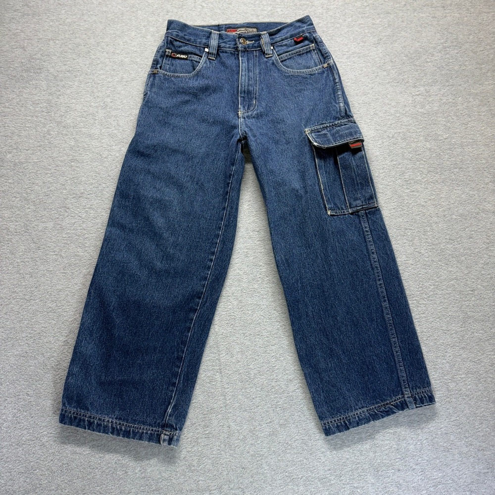 Vintage FUBU Jeans Boys 10 Blue Carpenter Cargo Wide Leg 90s Denim